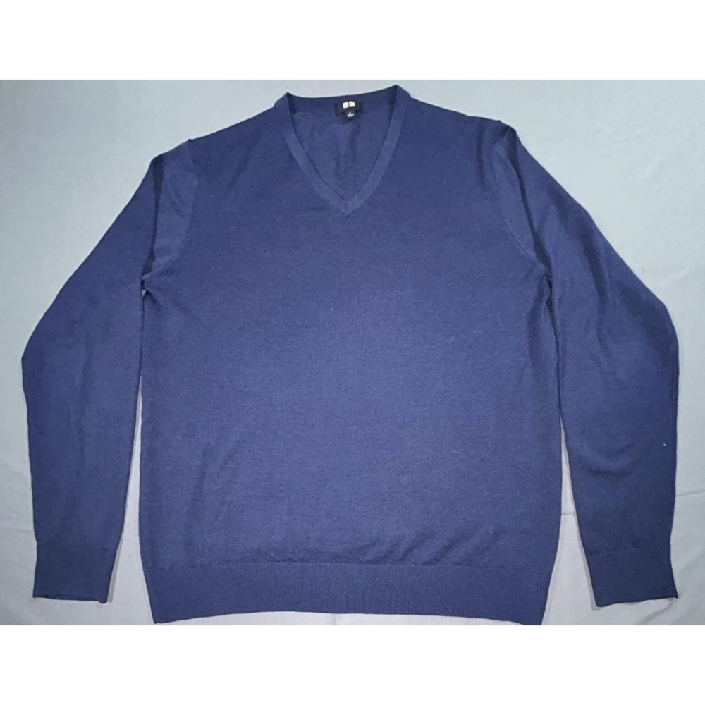 Uniqlo Sweater Mens Large Blue Solid V Neck 100% Wool Knit Pullover Classic